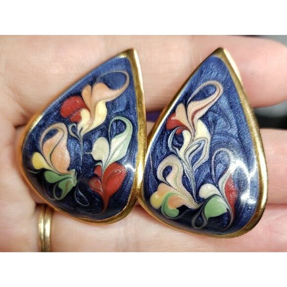 Retro Multicolored Earrings Glittery Swirl Enamel Curved Teardrop Gold Tone - Picture 4 of 13